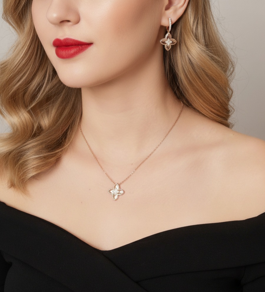 Parure Fleur Éclatante – Collier & Boucles en Acier Doré Rose