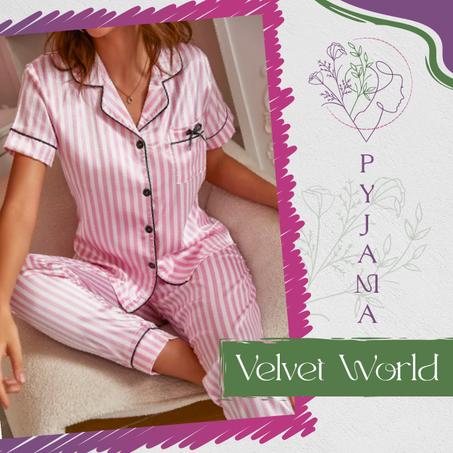 Pyjama Satiné Rayé avec Bordures Contrastées