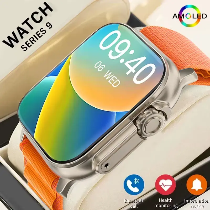 ساعة Series 9 Ultra الذكية بشاشة AMOLED - تدعم مكالمات Bluetooth، مع سوار رياضي مريح
