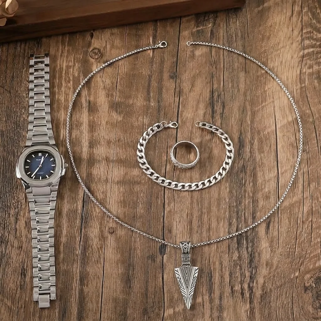 SPARTA ⚔️ Set Homme 4 Pièces · Montre Cadran Bleu + Gourmette, Pendentif & Bague - SN