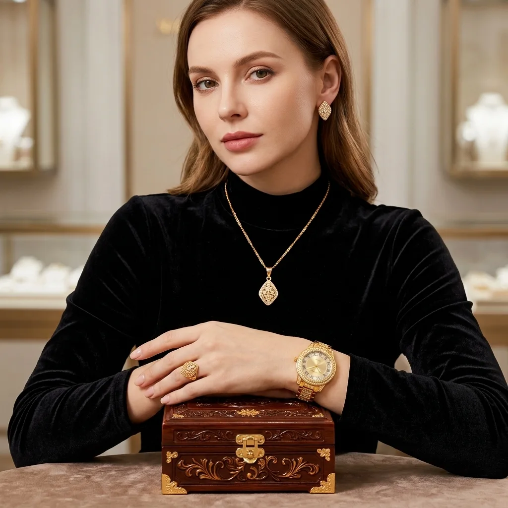 REGINA · Set Montre Dorée Sertie & Bijoux Femme 7 Pièces (CG)