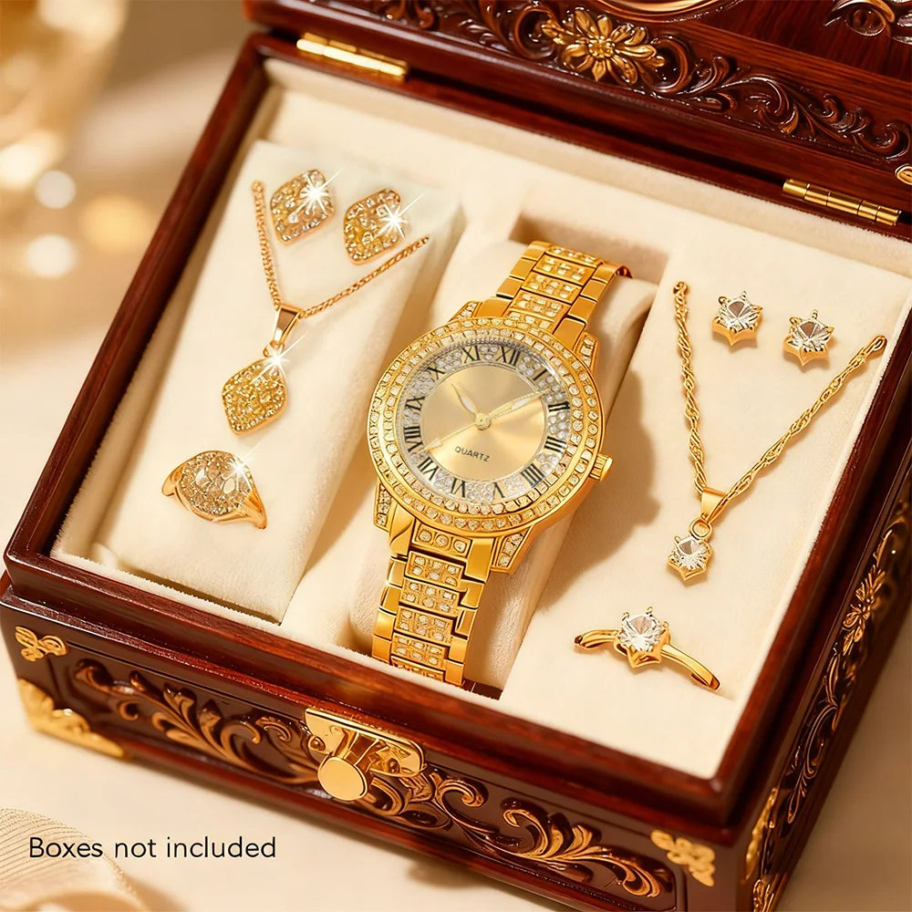 REGINA · Set Montre Dorée Sertie & Bijoux Femme 7 Pièces (CG)