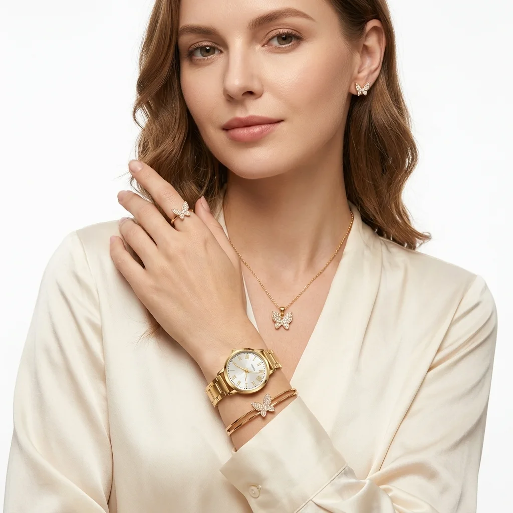PAPILLA 🦋 Set Montre Dorée & Bijoux Papillon · 5 Pièces Femme - CG