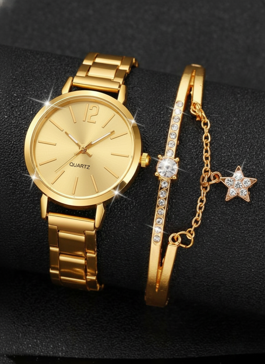 Ensemble Montre et Bracelet Doré Femme - Élégance Royale