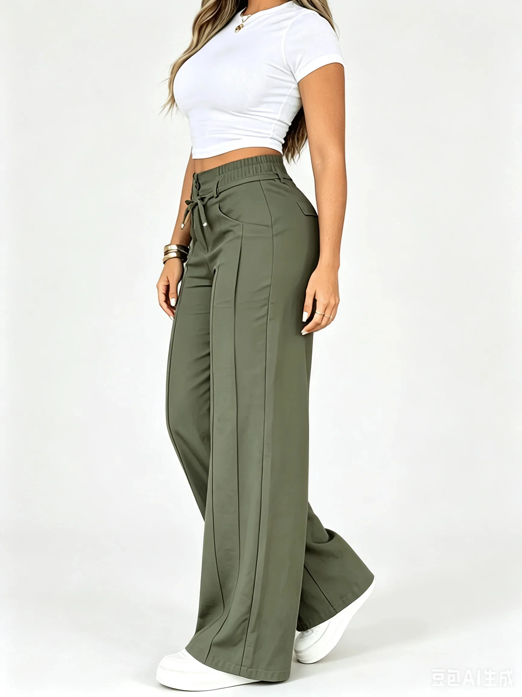 Aria – Pantalon Large Taille Haute à Cordon, Effet Ventre Plat (SN)