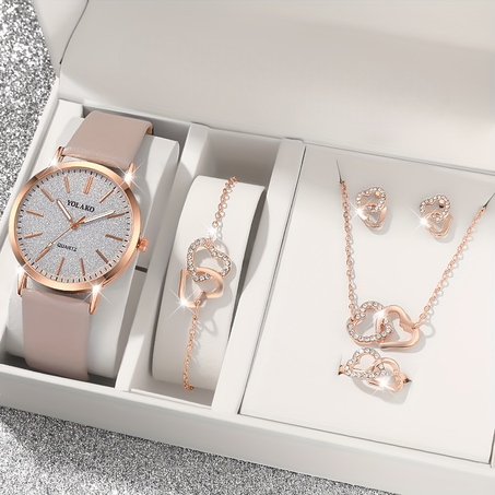 Montre & Parure Cœur Rose Doré 5-en-1 : L