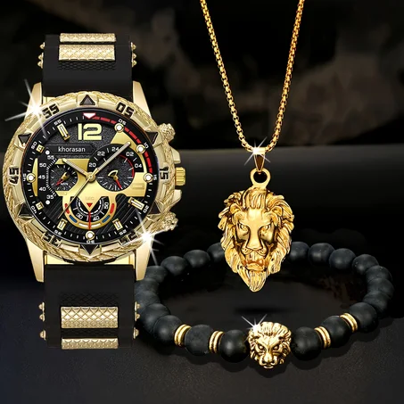 LEONIS 🦁 Set Homme 3 Pièces · Montre + Bracelet + Chaîne Lion - SN