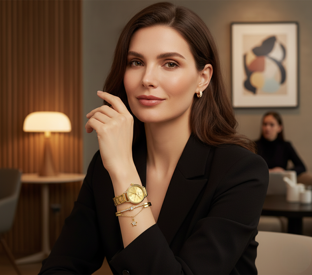 Ensemble Montre et Bracelet Doré Femme - Élégance Royale