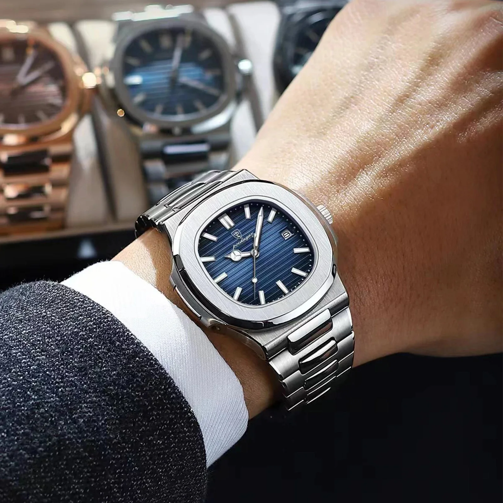 SPARTA ⚔️ Set Homme 4 Pièces · Montre Cadran Bleu + Gourmette, Pendentif & Bague - SN