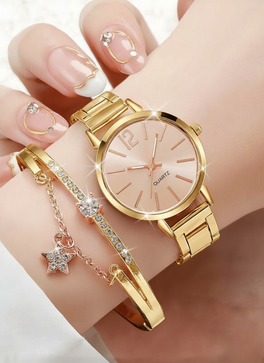 Ensemble Montre et Bracelet Doré Femme - Élégance Royale