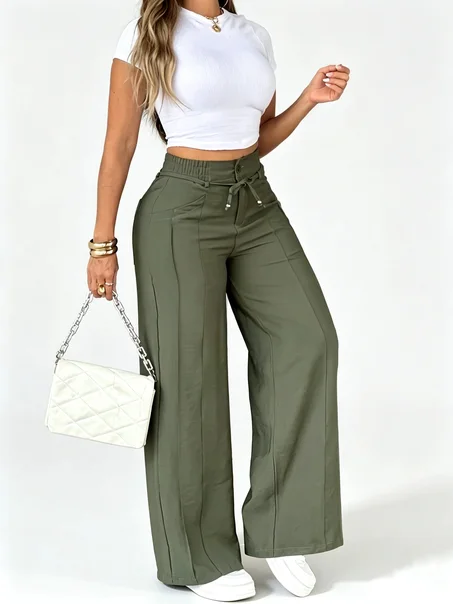 Aria – Pantalon Large Taille Haute à Cordon, Effet Ventre Plat (SN)