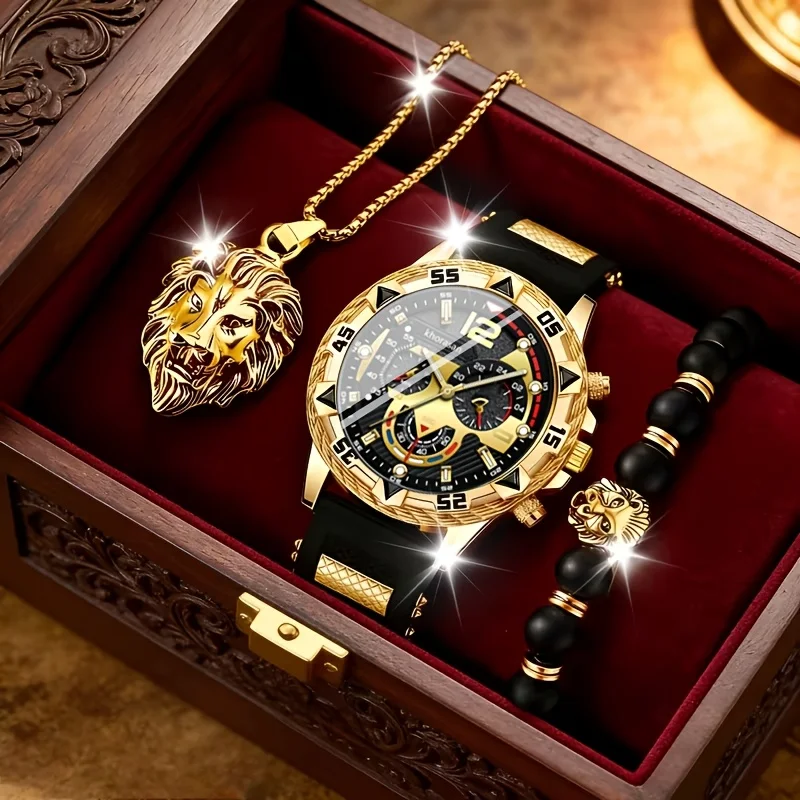 LEONIS 🦁 Set Homme 3 Pièces · Montre + Bracelet + Chaîne Lion - SN
