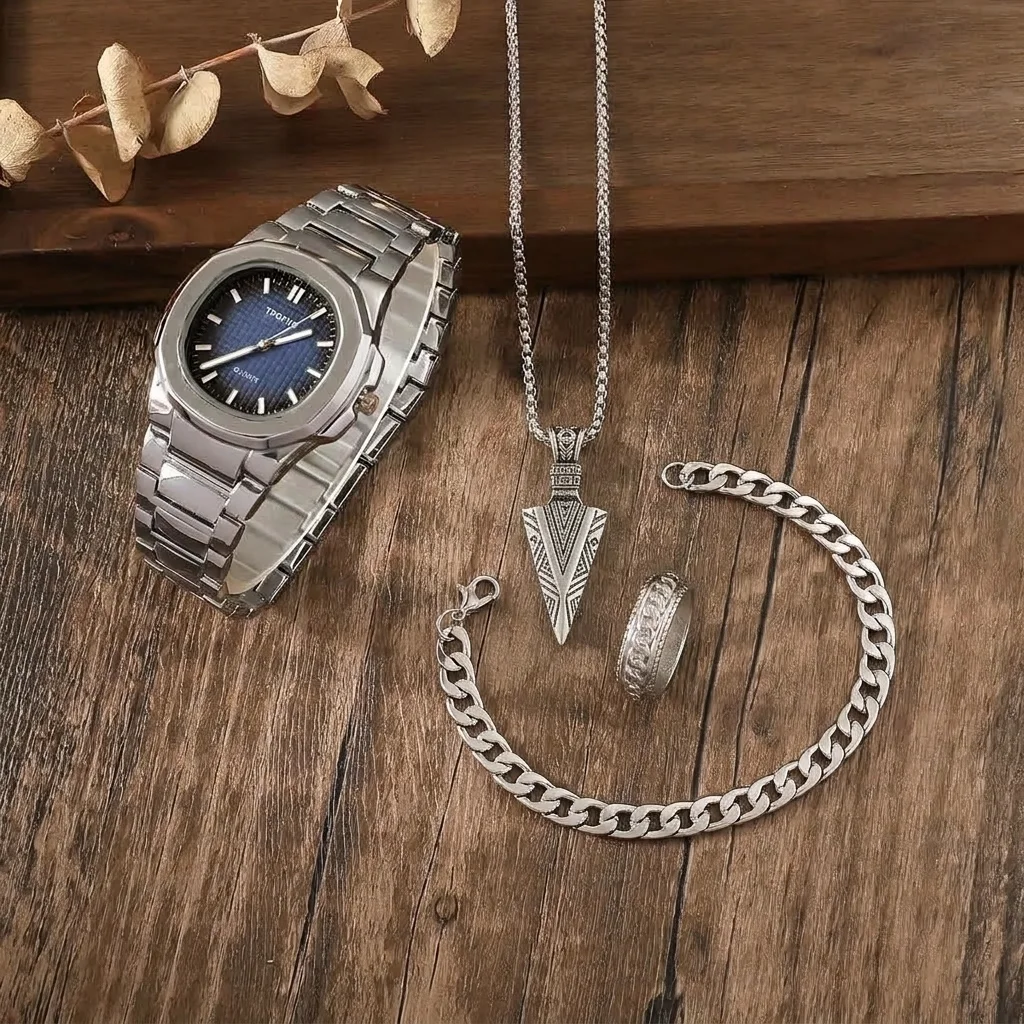 SPARTA ⚔️ Set Homme 4 Pièces · Montre Cadran Bleu + Gourmette, Pendentif & Bague - SN