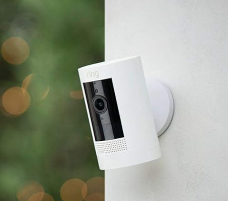 Like-New Ring Stick Up Cam Battery HD security camera with custom privacy controls, Simple setup, Works with Alexa - White