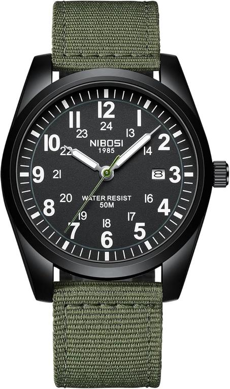 ساعة للرجال من نيبوسي ساعات عسكرية خضراء للأزياء مقاومة للماء كرونوجراف كوارتز كاجوال للمعصم حزام ناعم التاريخ بمينا أبيض