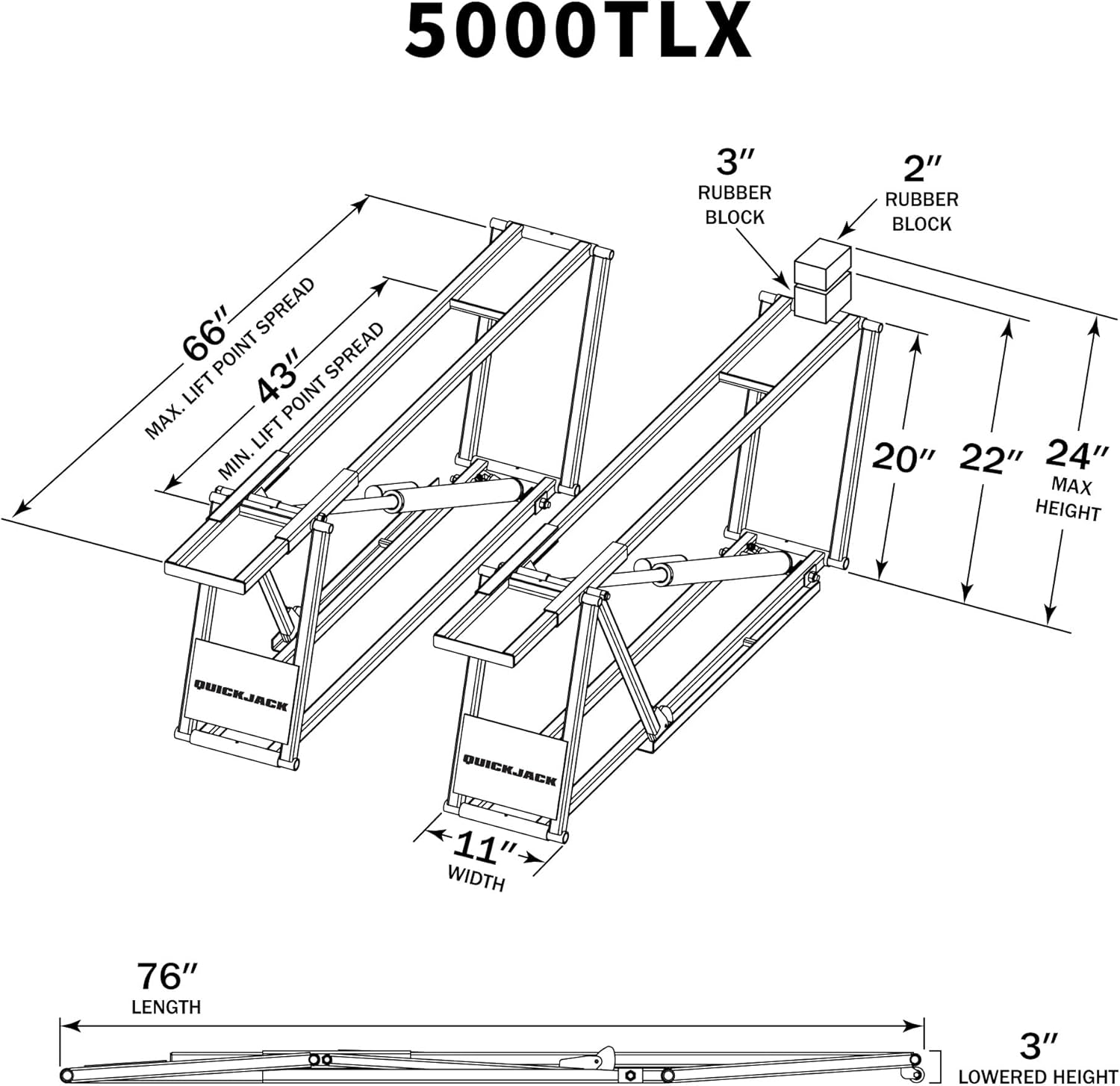 QuickJack Bundle - 5000TLX Portable Car Lift, Extended Length, Includes Wall Hangers & Pinch-Weld Blocks, 5,000-lbs. Capacity, 110V Power Unit, Car Lift for Garage or Shop