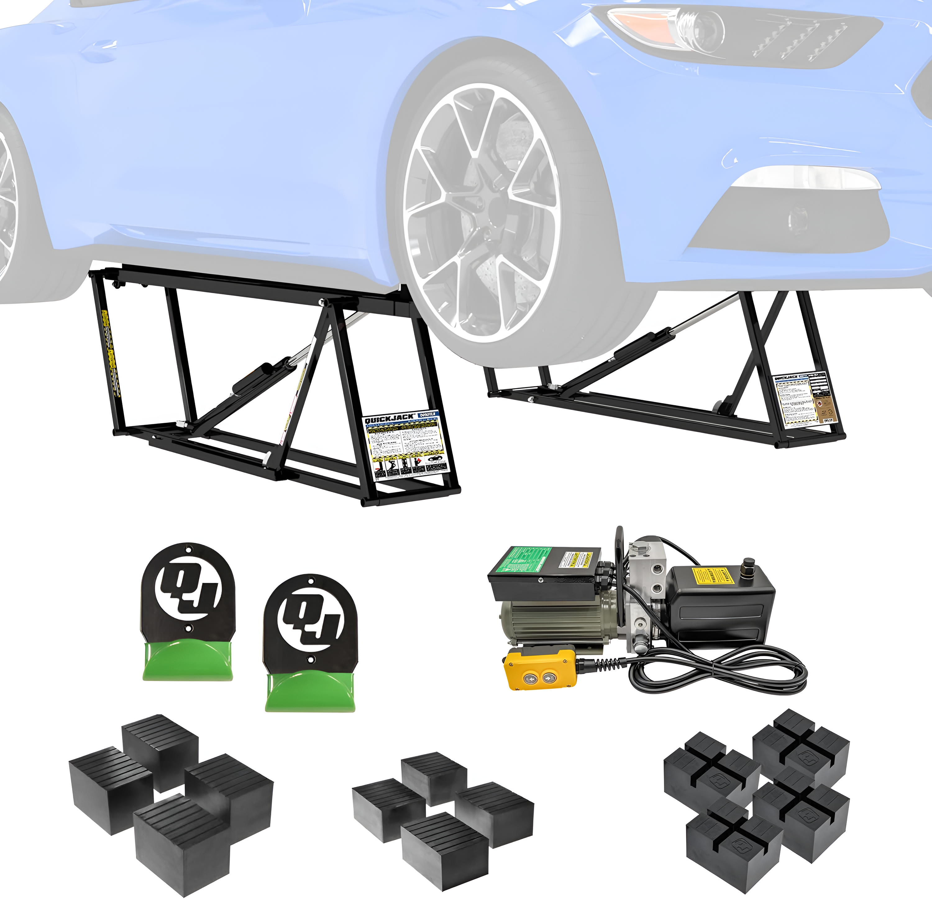 QuickJack Bundle - 5000TLX Portable Car Lift, Extended Length, Includes Wall Hangers & Pinch-Weld Blocks, 5,000-lbs. Capacity, 110V Power Unit, Car Lift for Garage or Shop