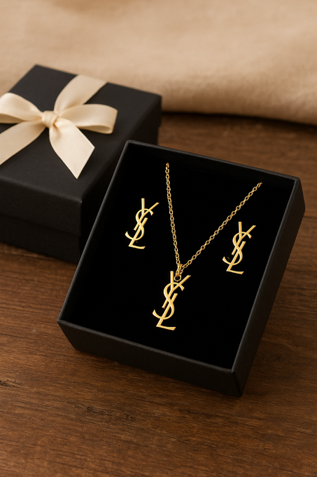 YSL طقم قلادة وأقراط فاخرة مطلية بالذهب