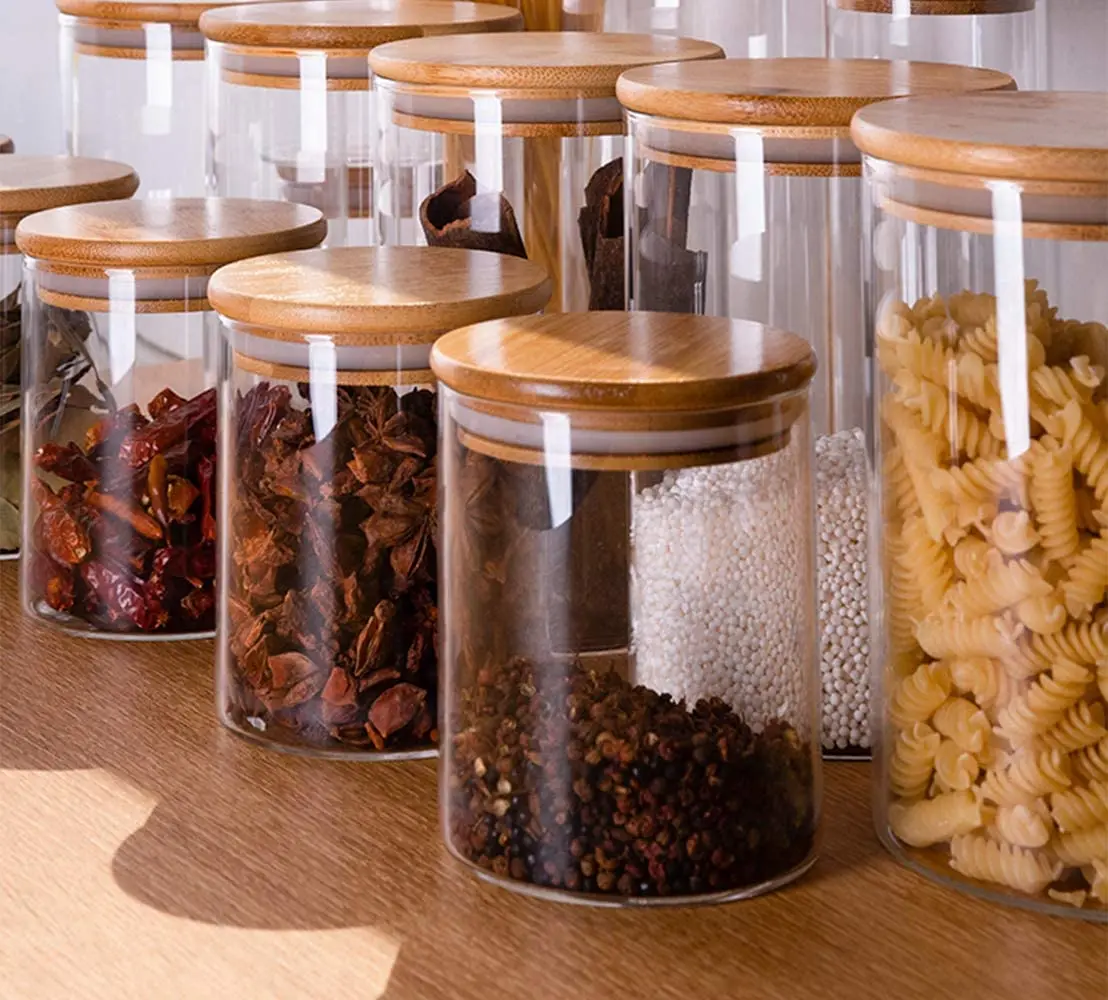 علب تخزين الطعام للمطبخ بغطاء خشبي من الخيزران