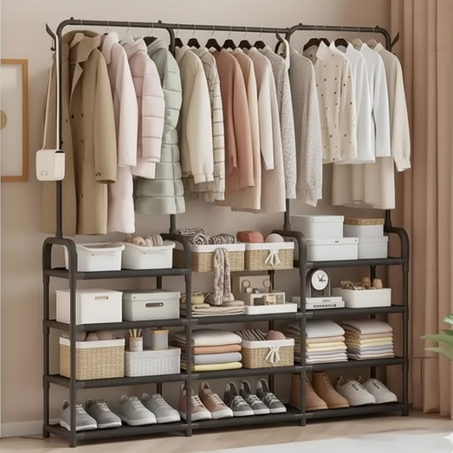 علاقة ملابس متعددة الوظائف مع رفوف لتخزين الأحذية