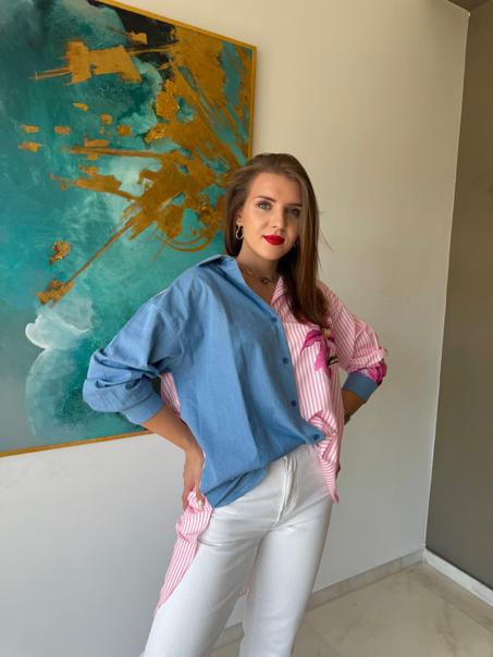 Chemise rayé rose patchwork en denim rose