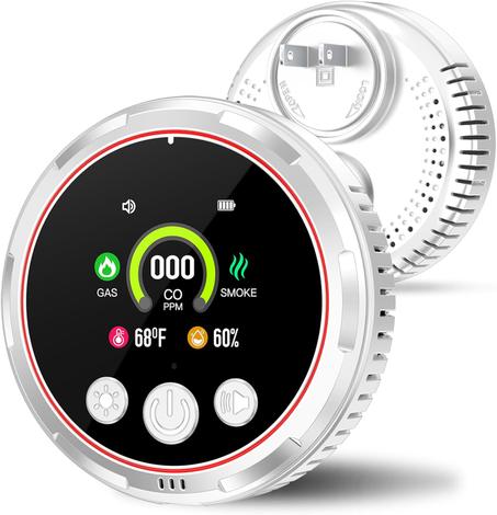 Combinación de humo 5 en 1, detector de monóxido de carbono y detectores de gas natural combustible, pantalla HD de 2.7 pulgadas y batería de respaldo [sensor de humedad de temperatura de gas