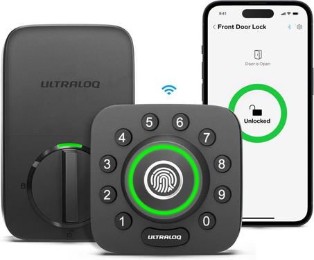 ULTRALOQ U-Bolt Pro - Cerradura inteligente WiFi con sensor de puerta, cerradura de puerta de entrada 8 en 1 sin llave con identificación de huellas dactilares, control remoto de aplicación,