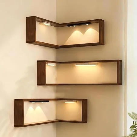 رفوف زاوية خشبية بإضاءة LED – 3 قطع للديكور وتنظيم المنزل