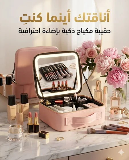 حقيبة المكياج الملكية بمرآة LED ذكية 4K – تنظيم احترافـي وأناقة لا تقاوم ✨