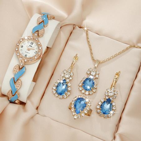5 قطع/مجموعة ساعة نسائية فاخرة من الكوارتز مرصعة بأحجار الراين ومجموعة مجوهرات باروكية