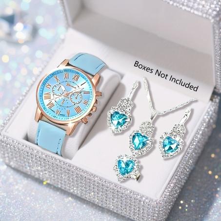 ساعة كوارتز فاخرة عصرية للنساء  + 4 قطع من المجوهرات