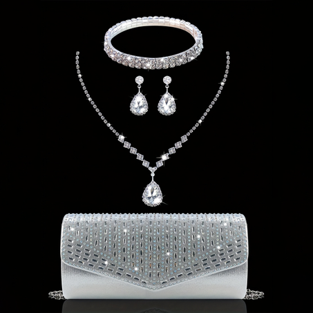 حقيبة كلاتش نسائية مع حزام كروس بودي وقلادة لامعة ومجموعة أقراط