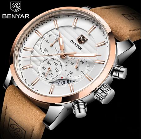 BENYAR Quartz Chronographe Montres Étanches Business et Sport Design Bracelet En Cuir Bracelet Montre-Bracelet pour Hommes
