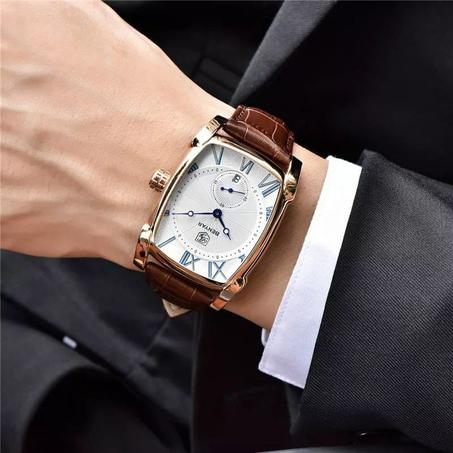 Benyar étanche Coque classique rectangle Motif Vintage montres Bracelet cuir Business Casual montre bracelet pour homme
