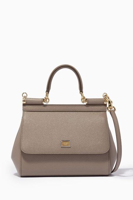 حقيبة سيسلي بيد علوية جلد دوفينيه صغيرة الحجم رمادية فاتحة