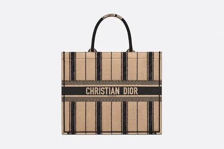DIOR BOOK TOTE Black and Beige Bayadère Embroidery