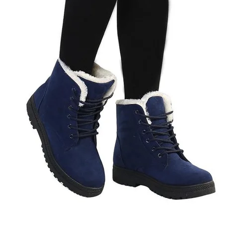 Fashion Women Winter Warm Boots Flat Lace Up Faux Fur Lined Casual Snow Ankle Boot Shoes blue.