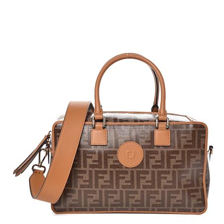 Glazed Fabric Calfskin FF 1974 Stamp Patch Small Boston Bag Mogano Panna Caramel