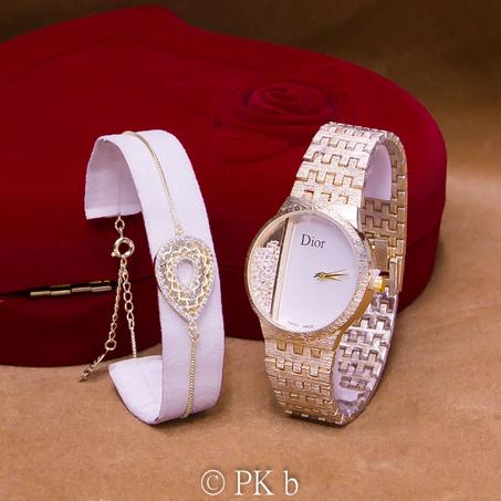 Montre  Dior et Gourmette Pour Femme Plaqué Or; Acier Inoxydable