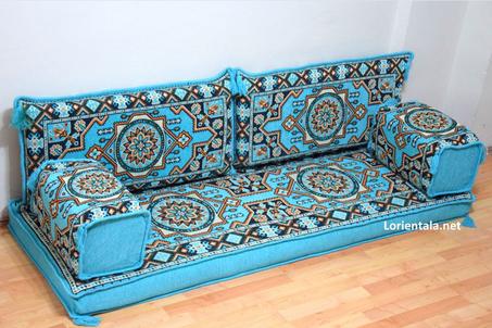 Oriental Floor Seating Sofa, Turquoise Arabic Turkish Moroccan Floor cushions, Kilim Couch