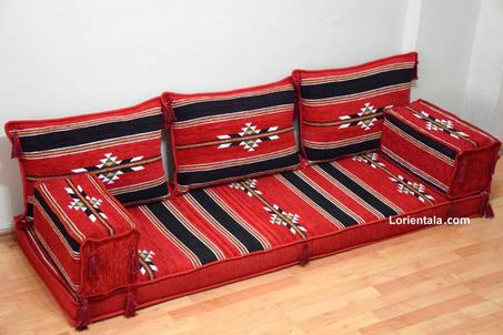 Oriental Floor Seating Sofa,  Black Red Arabic Turkish Moroccan Floor cushions, Kilim Couch