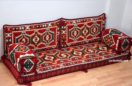 Oriental Floor Seating Sofa, Red Green Arabic Turkish Moroccan Floor cushions, Kilim Couch