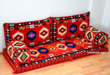 Oriental Floor Seating Sofa, Red blue Arabic Turkish Moroccan Floor cushions, Kilim Couch