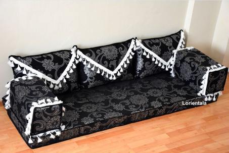 Oriental Floor Seating Sofa, Black Arabic Turkish Moroccan Floor cushions, Kilim Couch