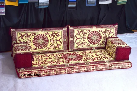 Oriental Floor Seating Sofa, Beige Red Arabic Turkish Moroccan Floor cushions, Kilim Couch