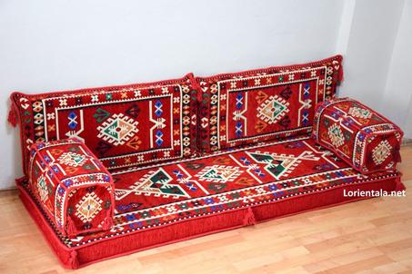 Oriental Floor Seating Sofa, Red Arabic Turkish Moroccan Floor cushions, Kilim Couch