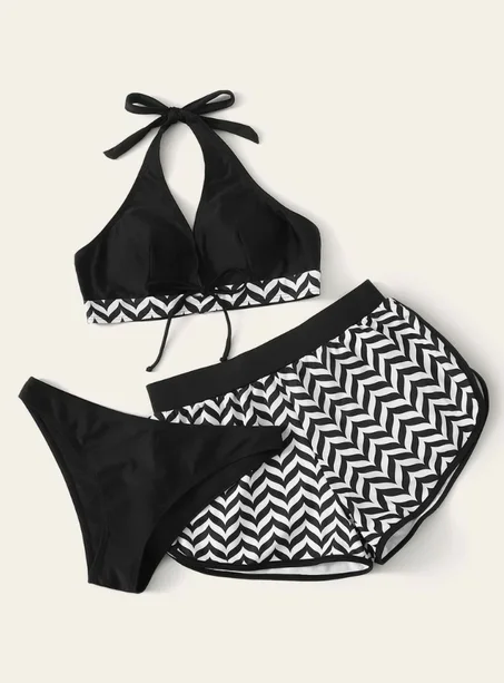 Bikini avec motif chevron et ras-du-cou 3 pièces
