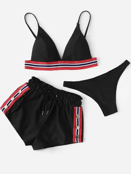 Ensemble de bikini à fines brides avec rayures 3 pièces