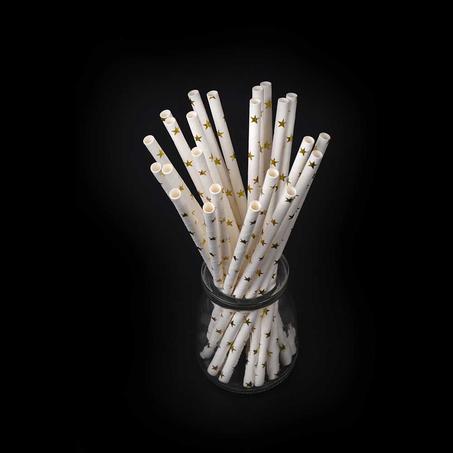 مجموعة (300) مصاص ورق ابيض بنجوم ختم ذهبي - 19.5 سم