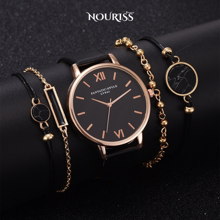 Luxury Women's Watch (Quartz) Elegant and luxurious leather strap watch with 4 elegant bracelets {Relogio Femenino}